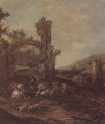 unknow artist An architectural capriccio with a cavalry engagement,a landscape beyond Germany oil painting artist
